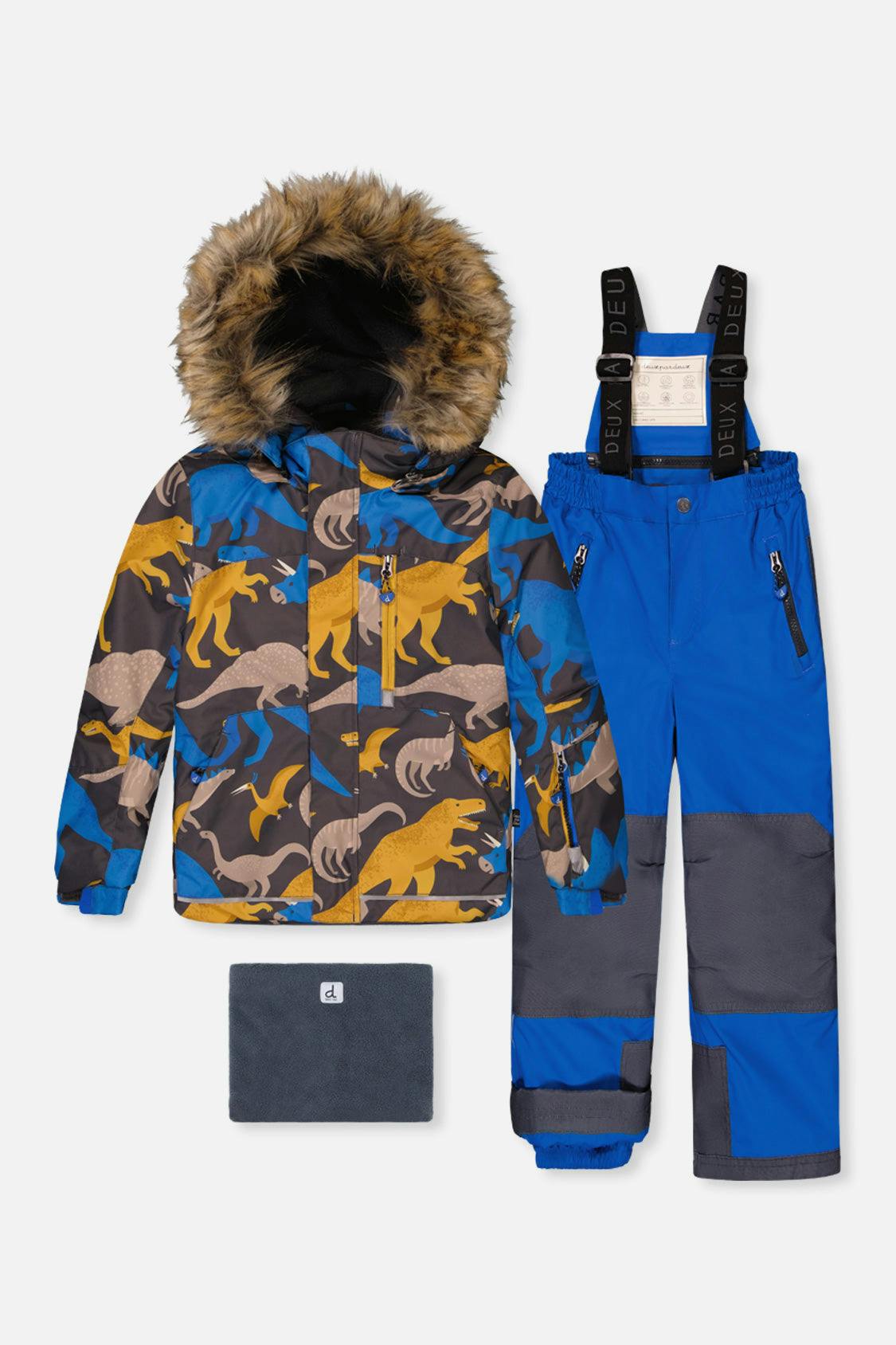 Two Piece Play Snowsuit Grey and Blue Dinosaur Print with Blue Pants
