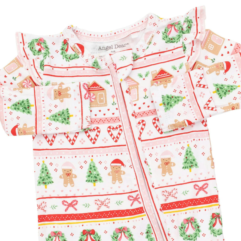 Gingerbread Fair Isle Pink - 2 Way Ruffle Sleeve Zipper Footie