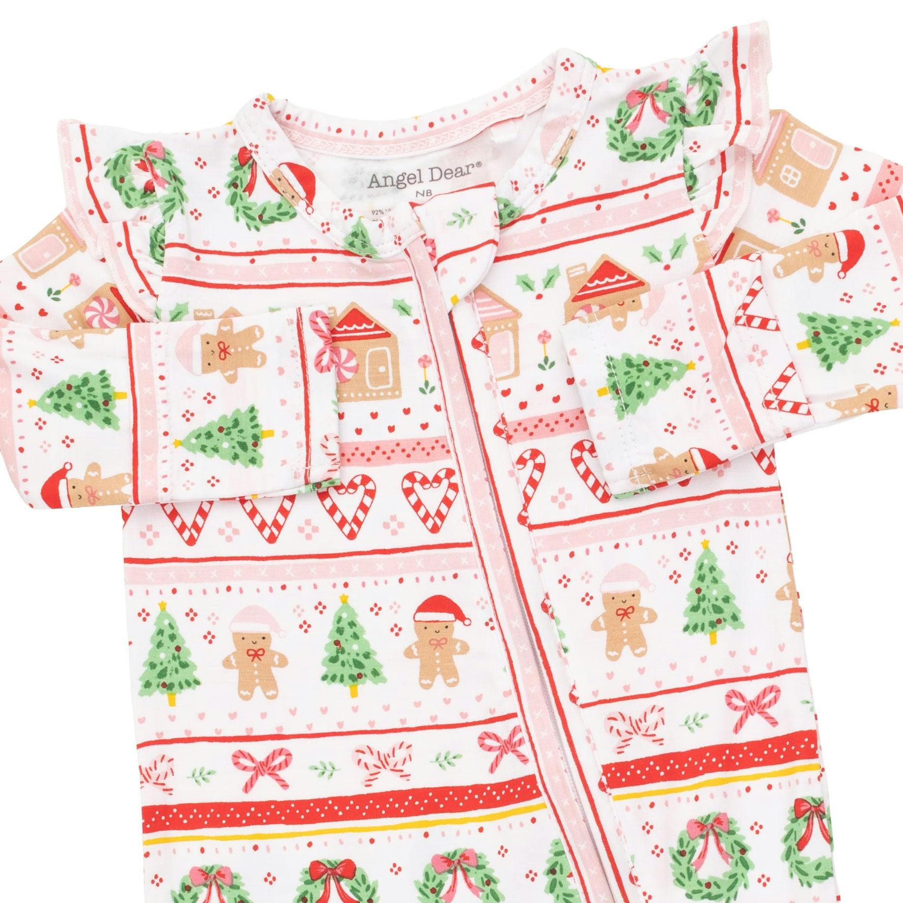Gingerbread Fair Isle Pink - 2 Way Ruffle Sleeve Zipper Footie
