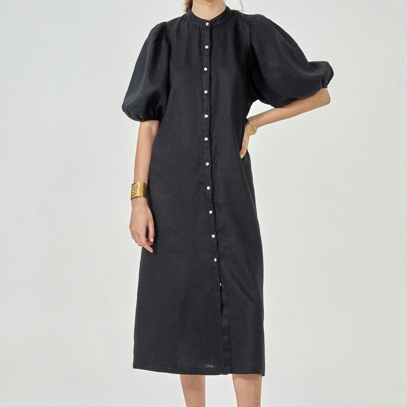 Bubble Linen Dress - Black