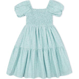 Linen Smocked Short Bubble Sleeve Dress, Blue