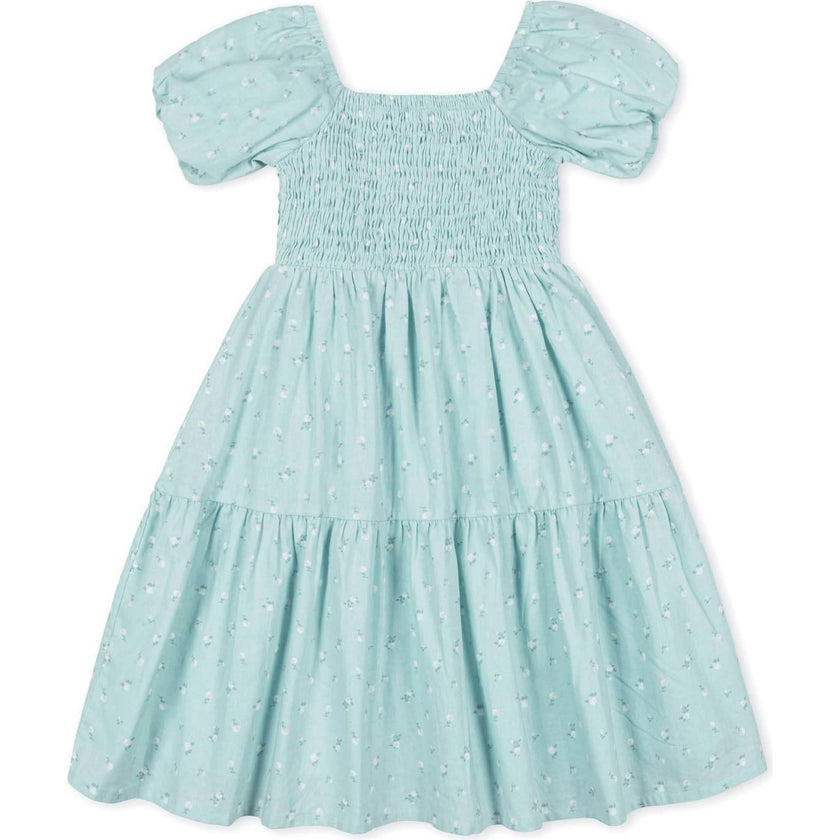 Linen Smocked Short Bubble Sleeve Dress, Blue