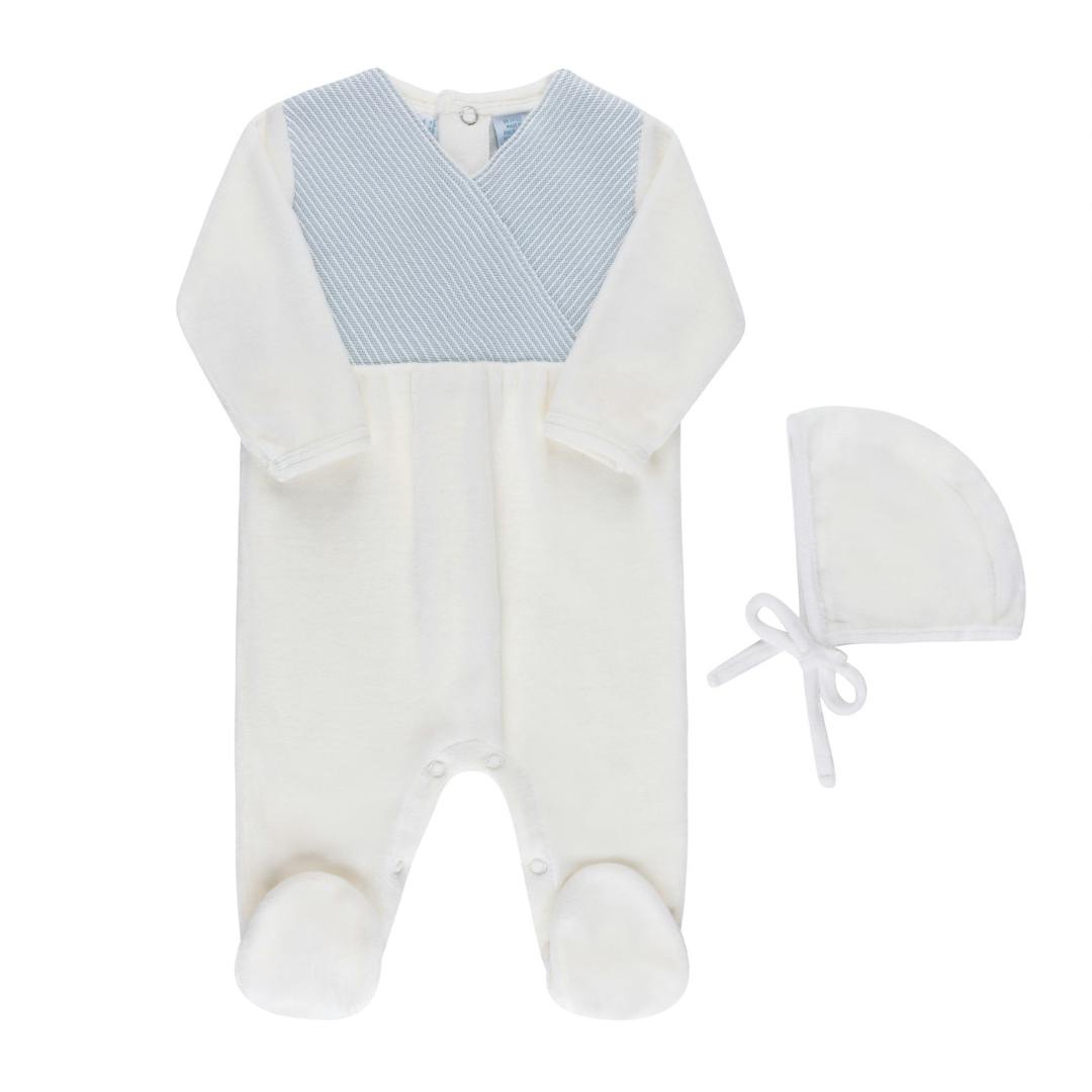 Velour Knit Wrap Romper & Bonnet Blue