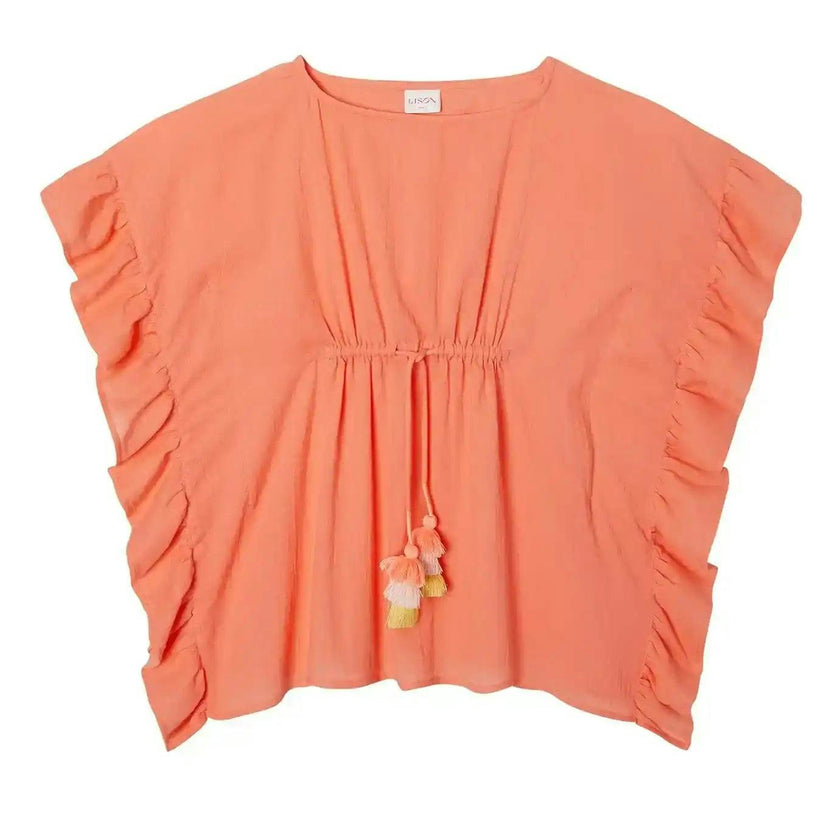 Girl's kaftan with pompoms, coral neon | LEA