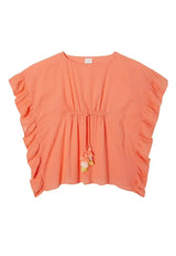 Girl's kaftan with pompoms, coral neon | LEA