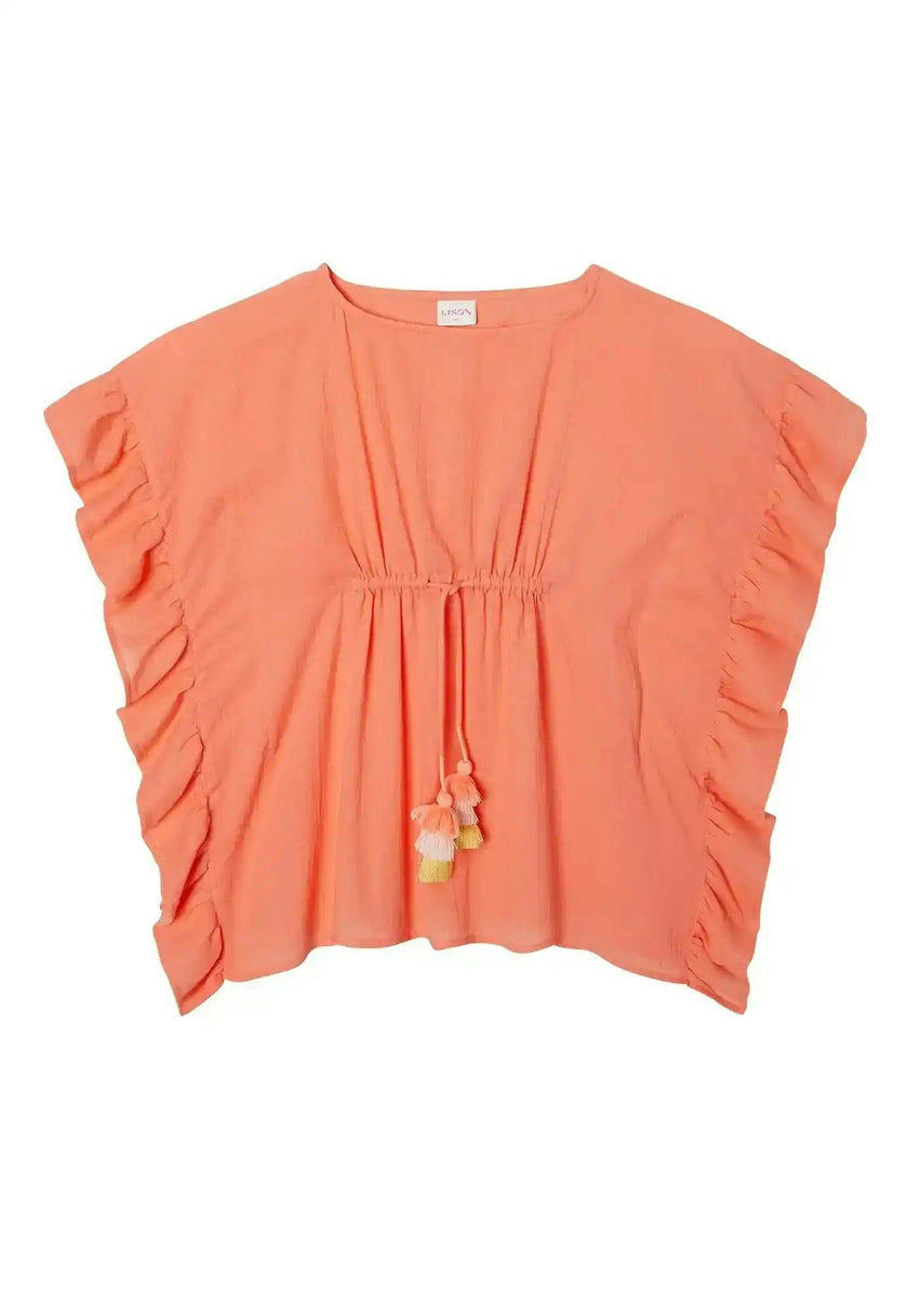 Girl's kaftan with pompoms, coral neon | LEA