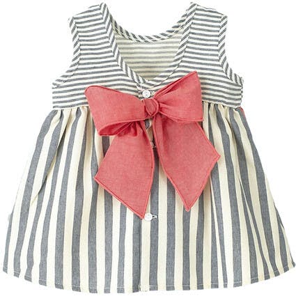 Grey Stripe Bow Back Ruffle Dress, Grey
