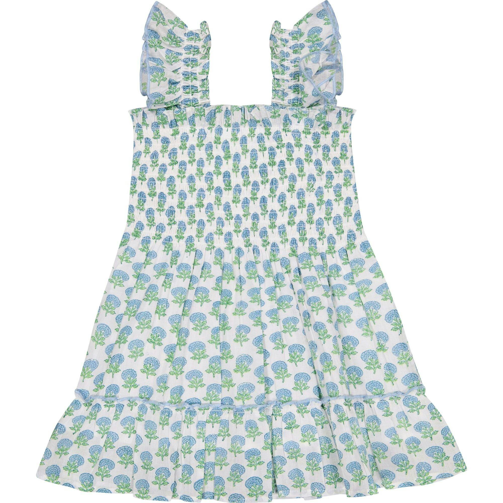 Mini Paloma Girl's Dress Aqua Floral Block Print, Multi