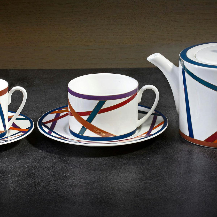 Tea Cup & Saucer NASTRI Set of 2 in Luxury Box Multicolor diam. 3.3", H 2.3", cap. 7.5 oz, Saucer dim. 6"