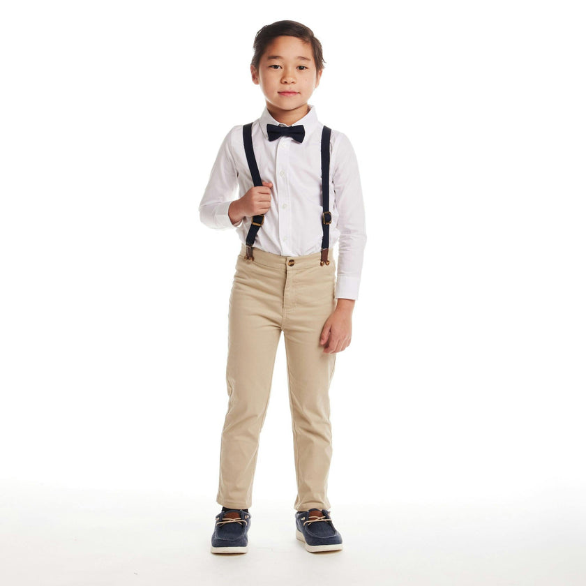Kids White Buttondown Bowtie and Suspenders Set