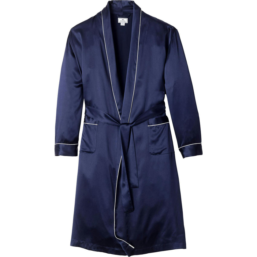 Men's Silk Long Robe in Navy