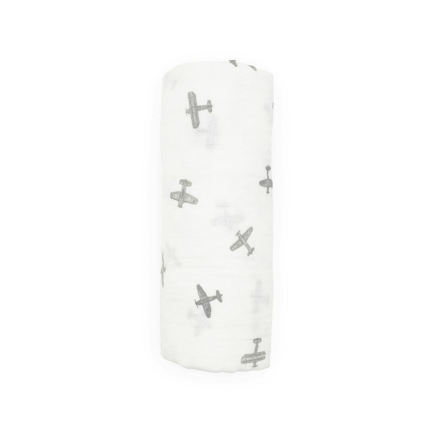Organic Cotton Muslin Swaddle Blanket - Pewter Planes