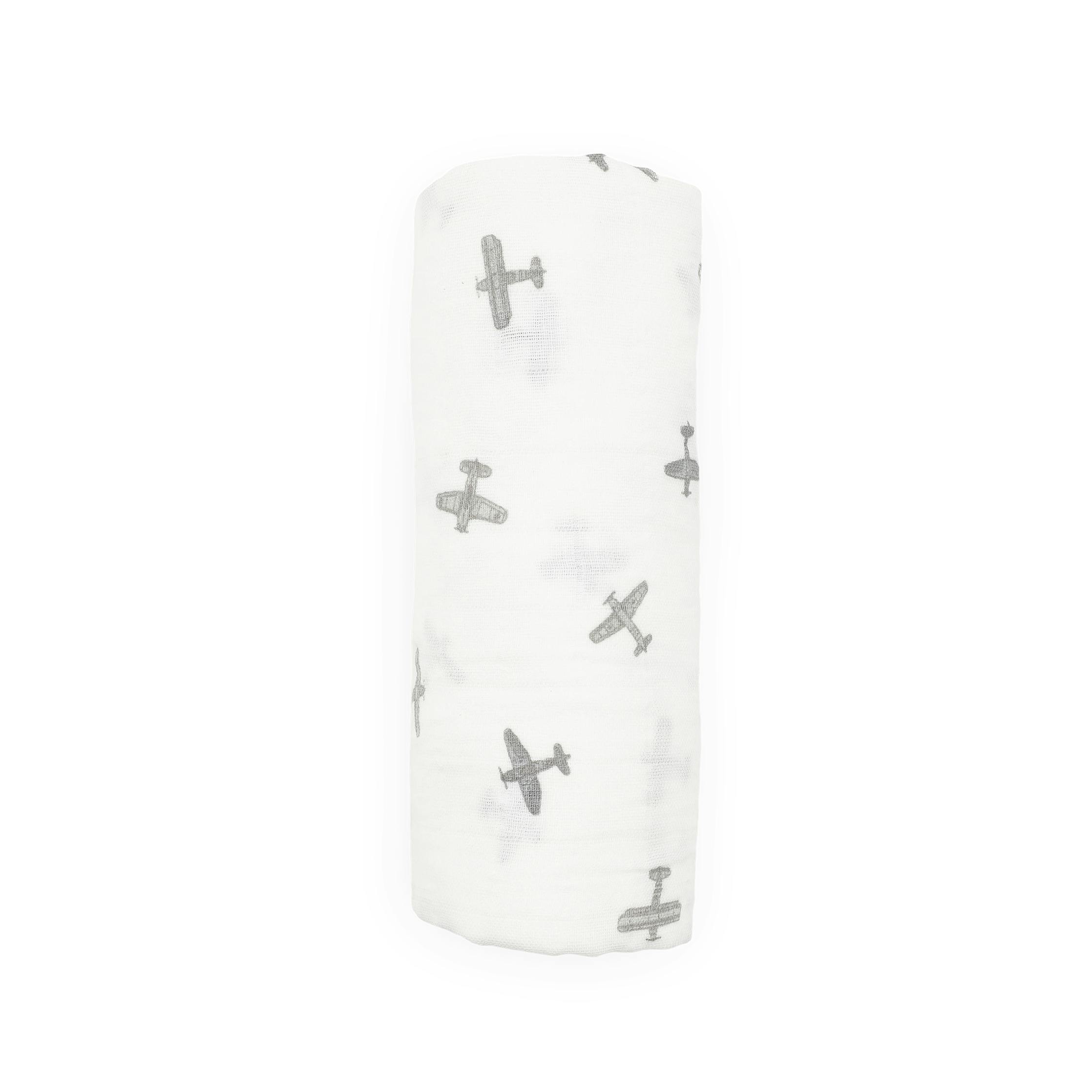 Organic Cotton Muslin Swaddle Blanket - Pewter Planes