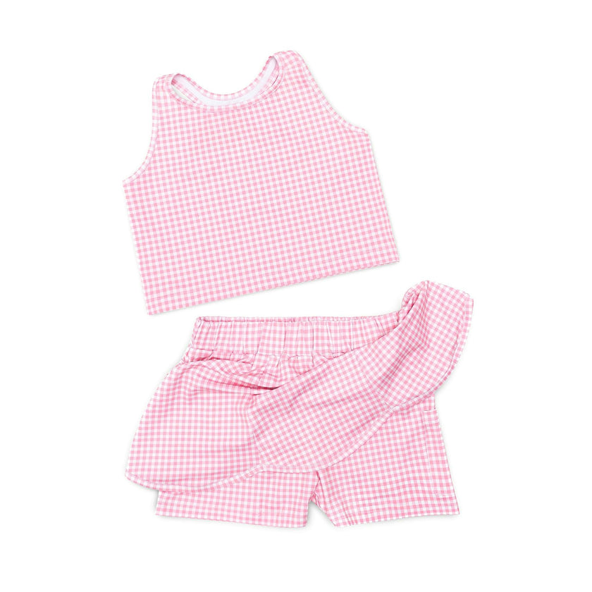 Girl's Scalloped Skort Set in Pink Sand Gingham