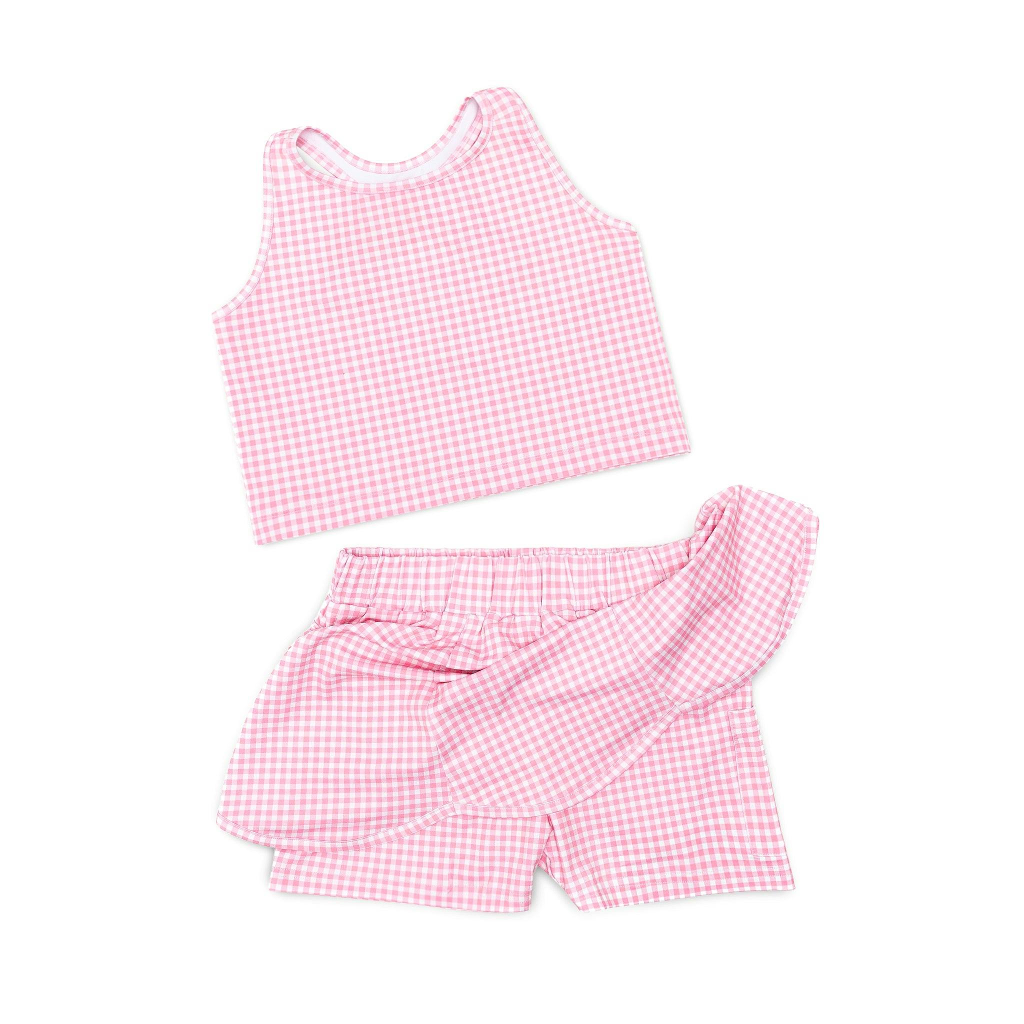Girl's Scalloped Skort Set in Pink Sand Gingham