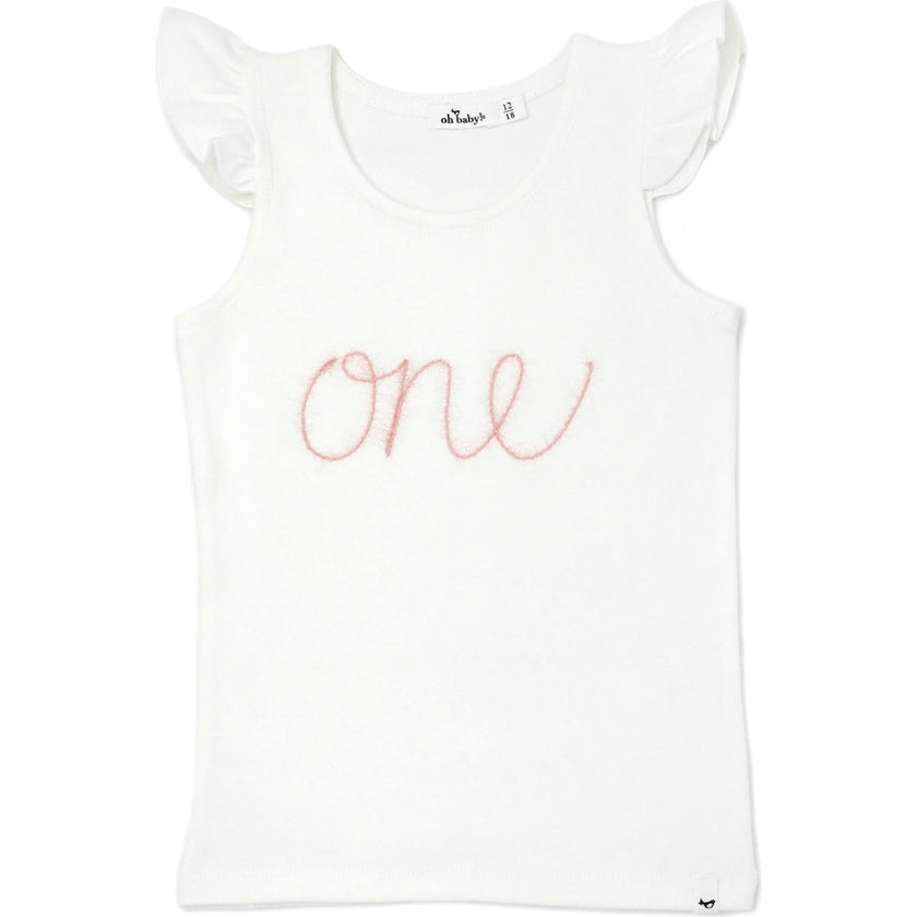 "One" Embroidered Cotton Rib Full Sleeve Tank, Cream And Pink