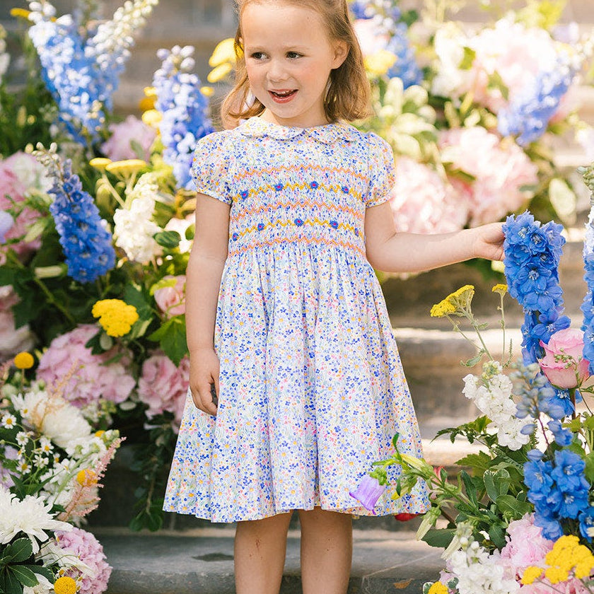 Ondine Floral Blue Short Puff Smocked Dress