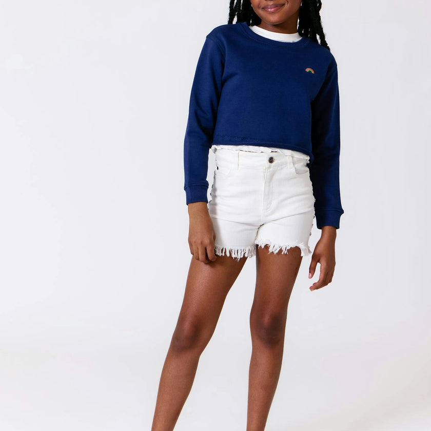 Girls Raw Hem Crew Neck Long Sleeve Crop Sweatshirts
