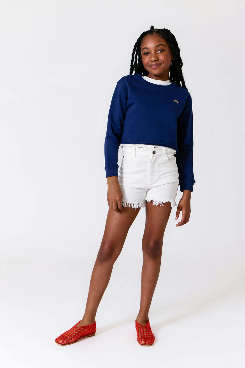 Girls Raw Hem Crew Neck Long Sleeve Crop Sweatshirts