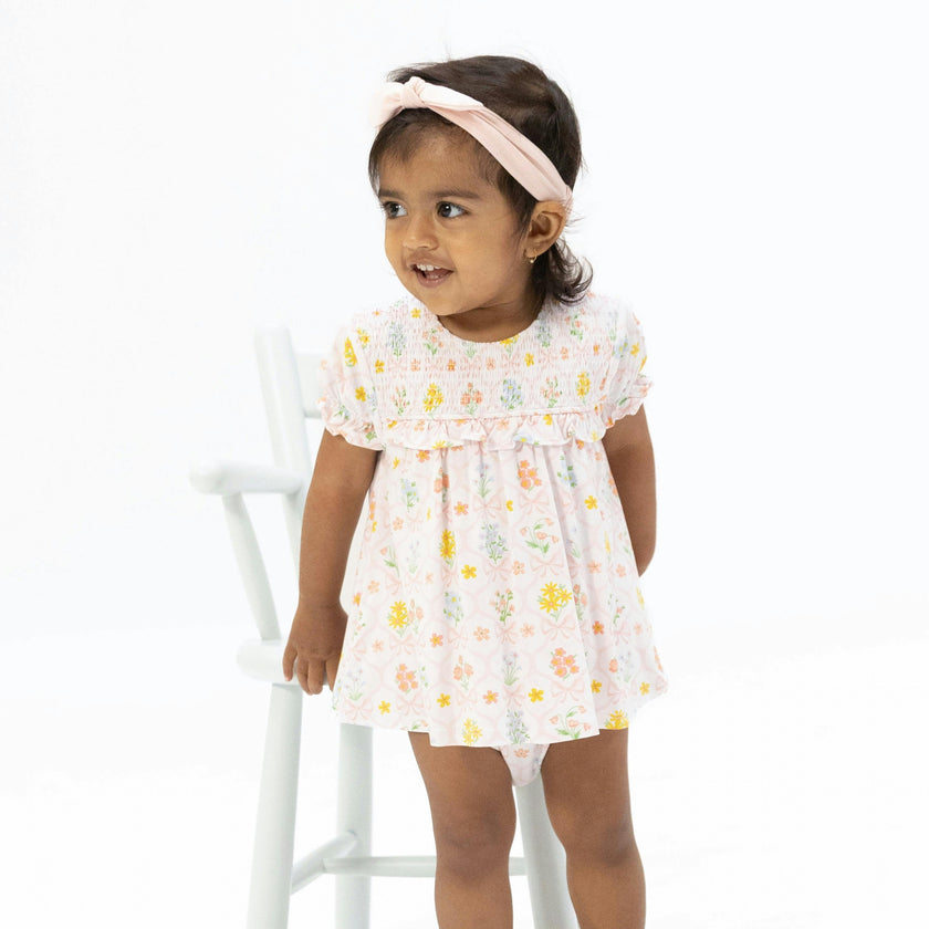Spring Blooms Bow Trellis - Smocked Ruffle Bubble with Skirt