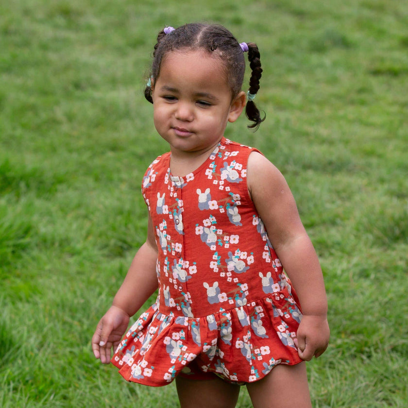 Little Rabbits Ruffle Romper, Red