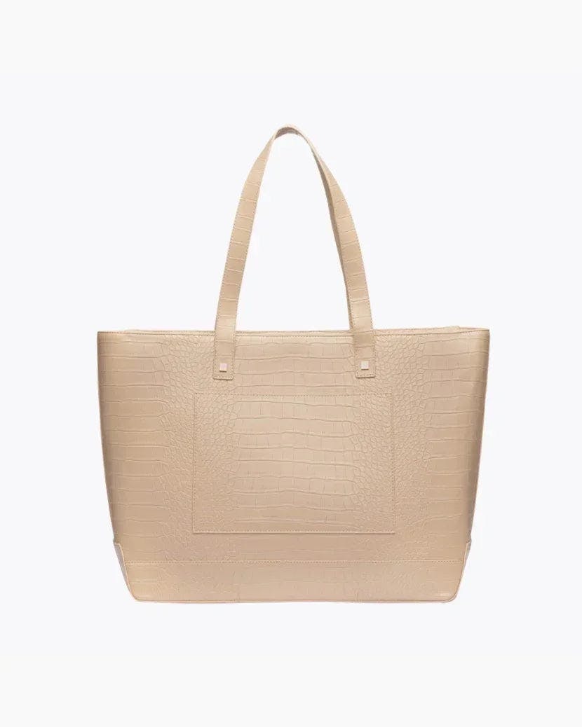 Vegan Leather Work Tote Bag with Removable Insulated Pouch, Cream Croc