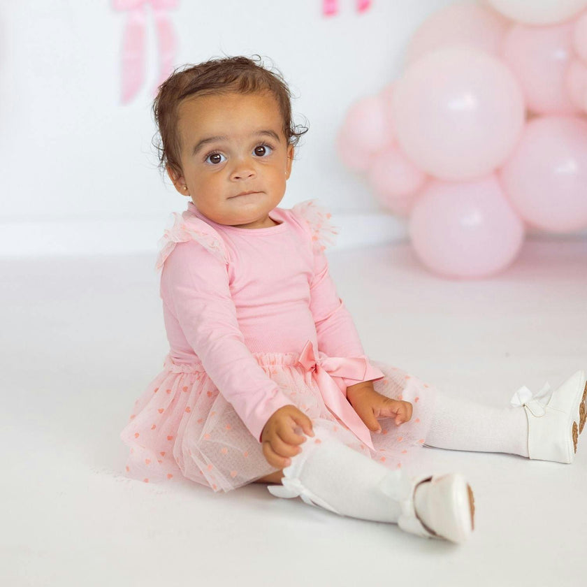 Flocked Heart Tiered Long Sleeve Tutu Bodysuit