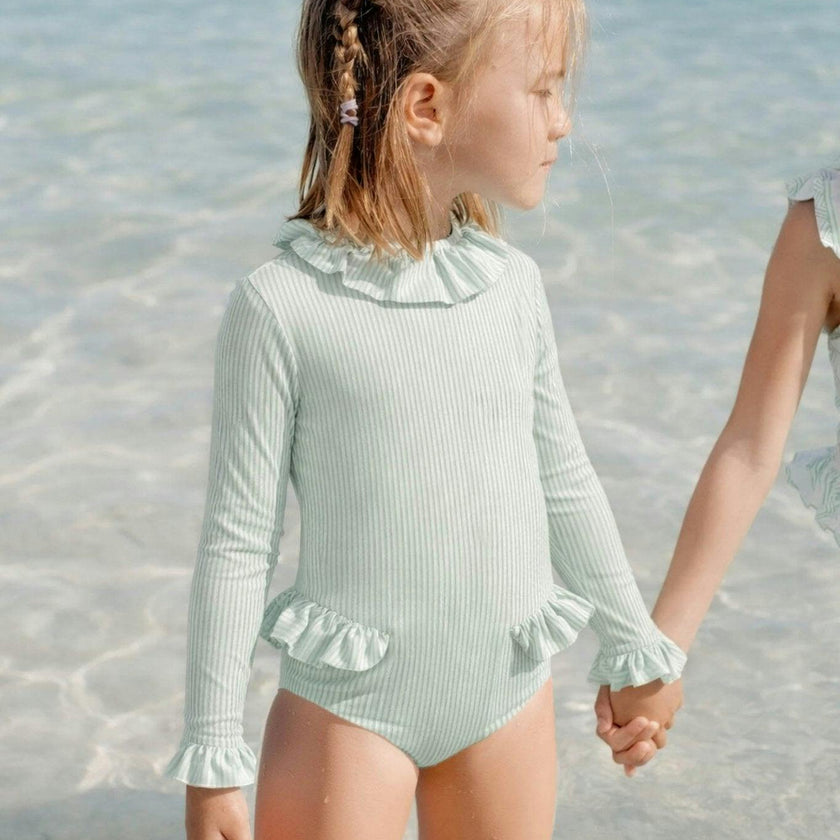 Girls' long-sleeved swimsuit with green stripes | CANDY BABY