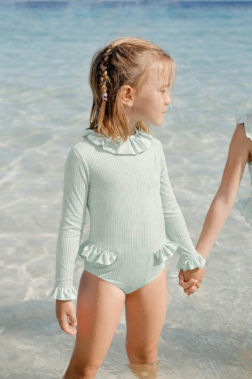 Girls' long-sleeved swimsuit with green stripes | CANDY BABY