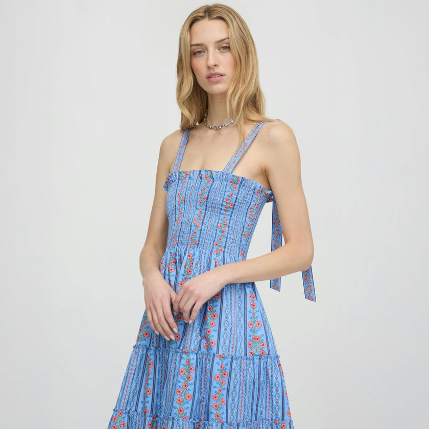 The Ribbon Ellie Nap Dress - Blue Floral Batik Stripe