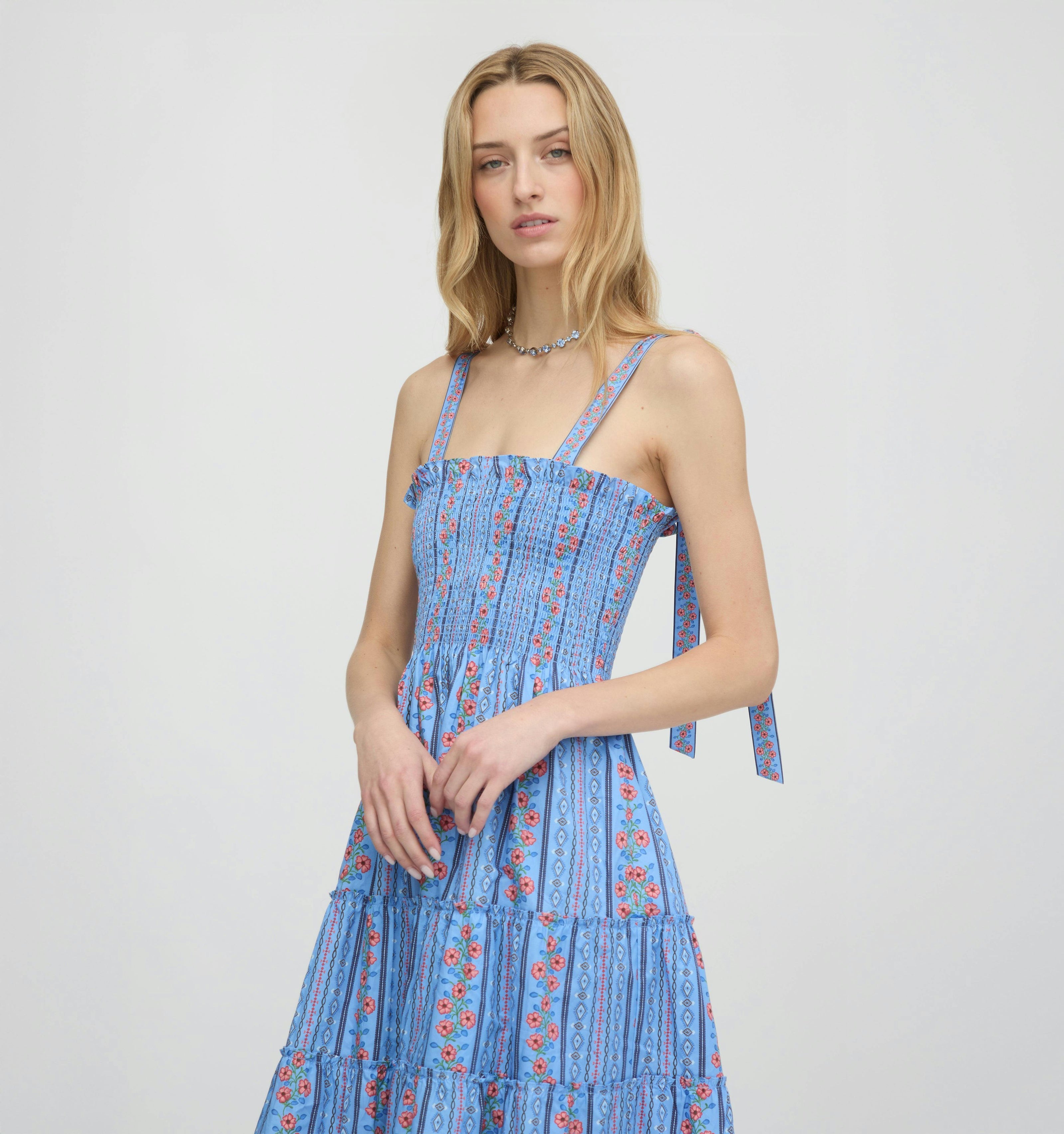 The Ribbon Ellie Nap Dress - Blue Floral Batik Stripe