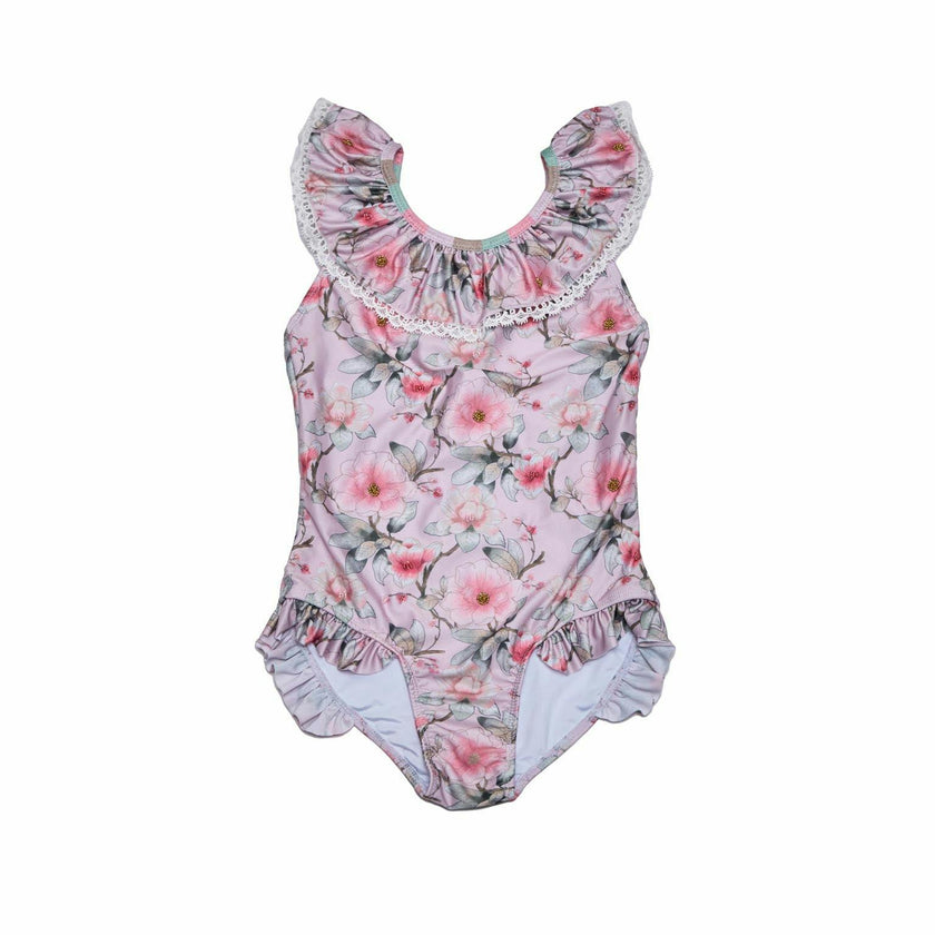 Girls Ruffle Neck One Piece Swimsuit (Petal Print)