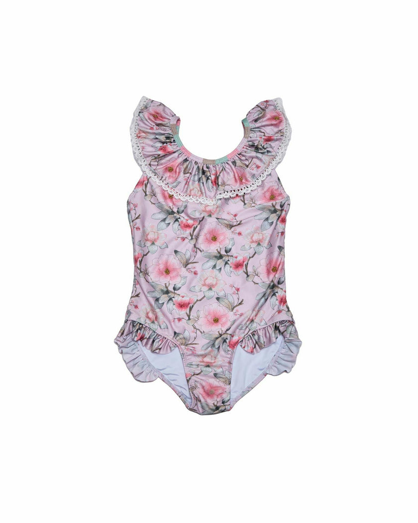 Girls Ruffle Neck One Piece Swimsuit (Petal Print)