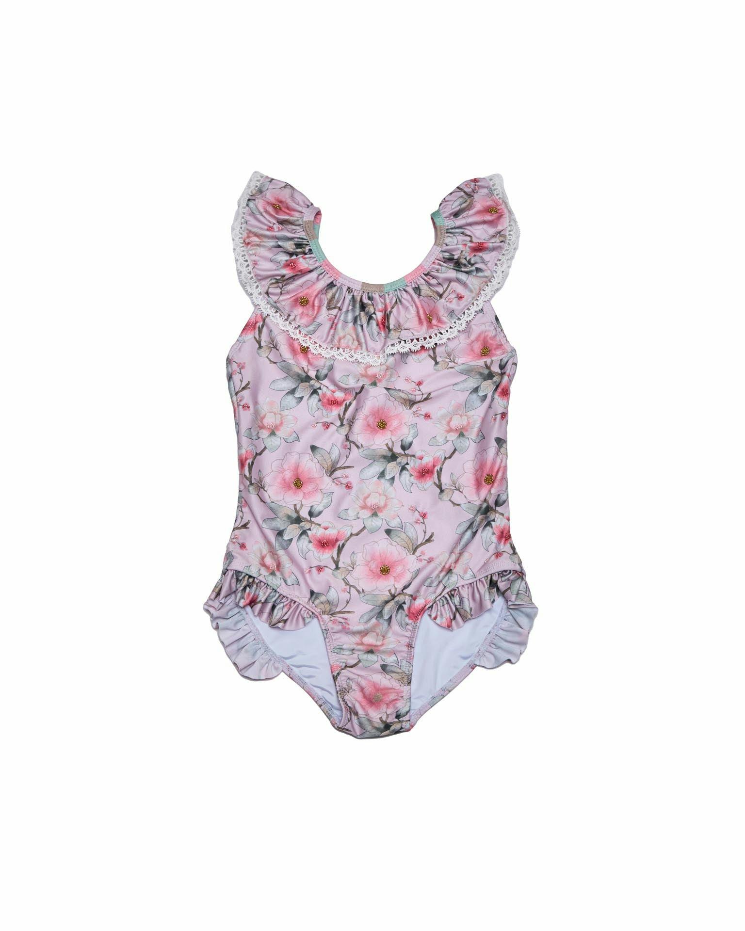 Girls Ruffle Neck One Piece Swimsuit (Petal Print)