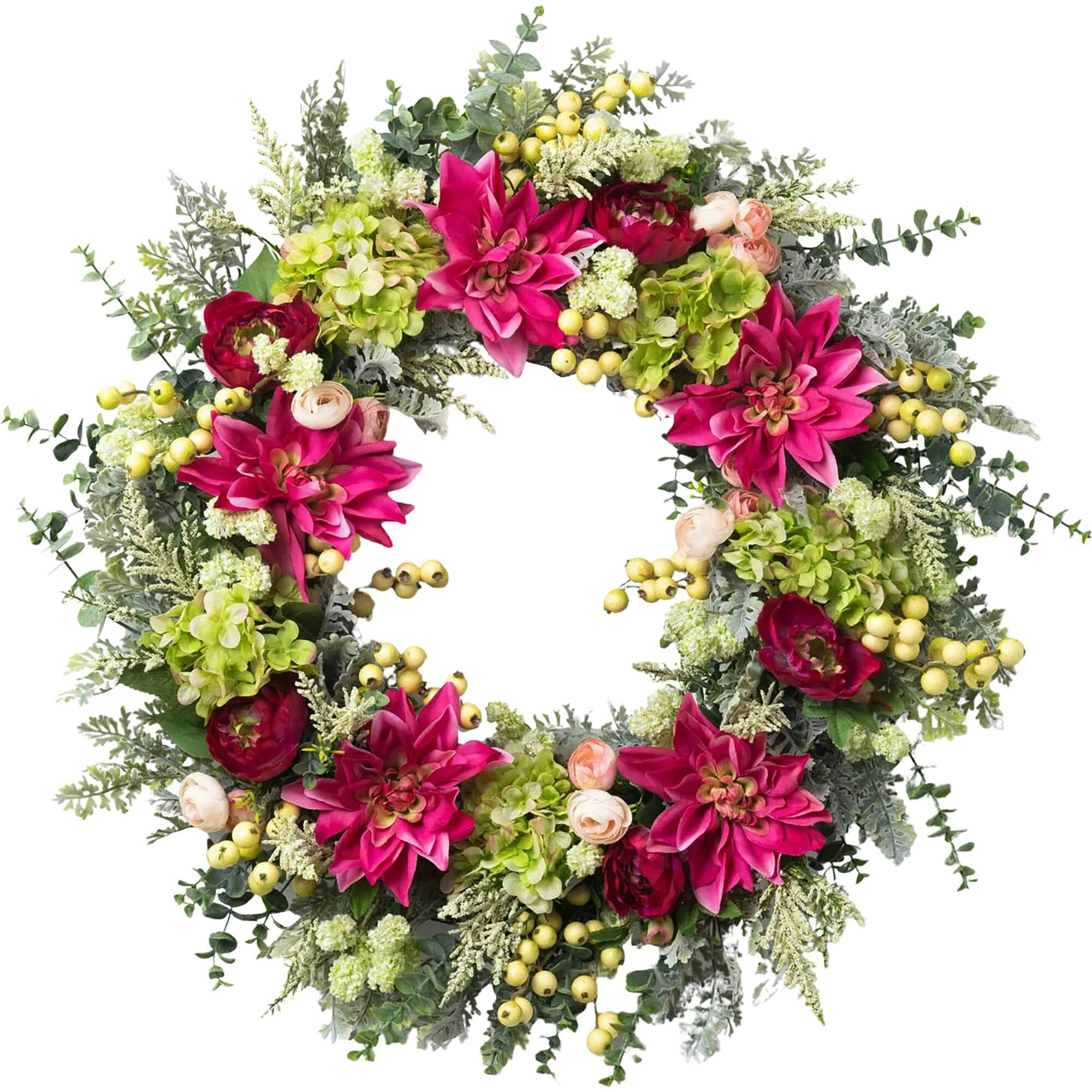 Hydrangea Dahlia Wreath - Fuchsia & Green Spring Summer Door Decor