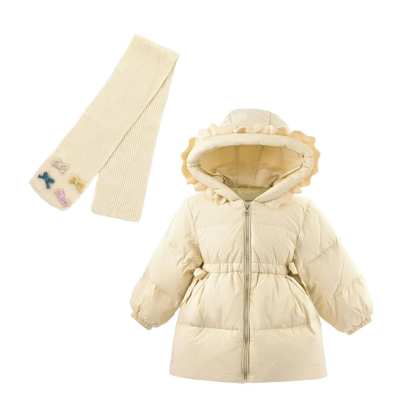 Beige Ruffle-Hood Coat with Matching Scarf