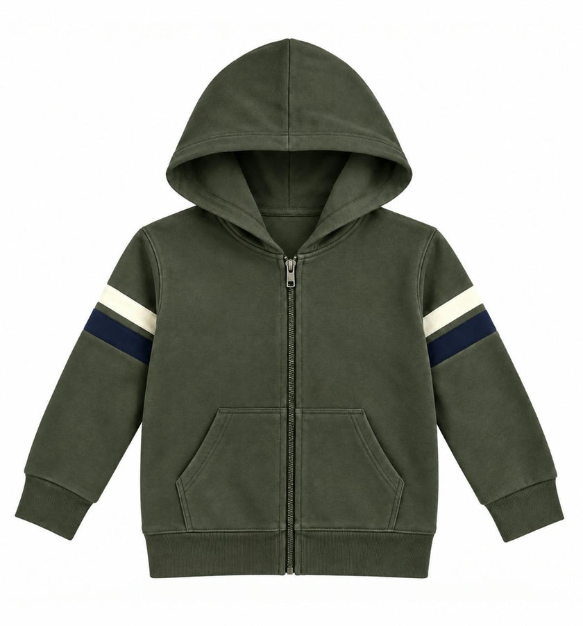 Kids Zip Hoodie with Stripes - Olive
