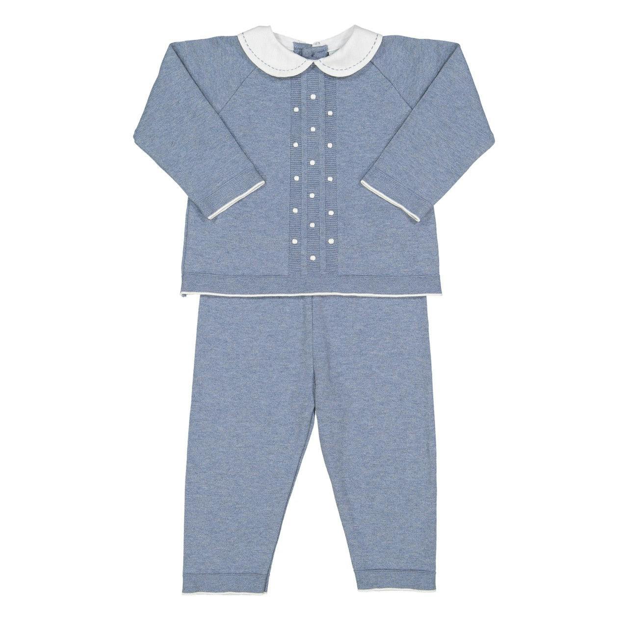 Pique Collar Dot Knit Set Blue