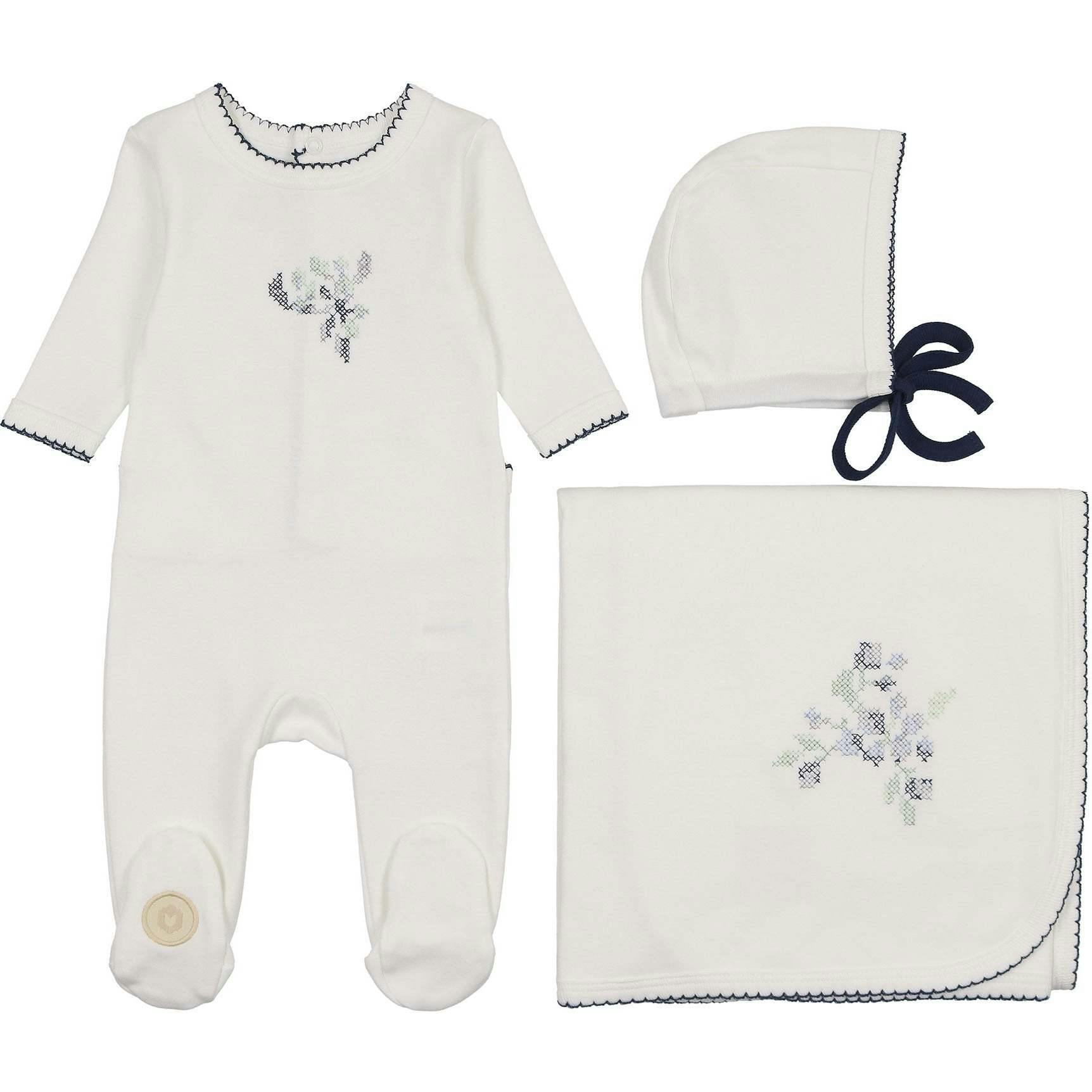 Heirloom Berry Layette Set Ivory & Blue