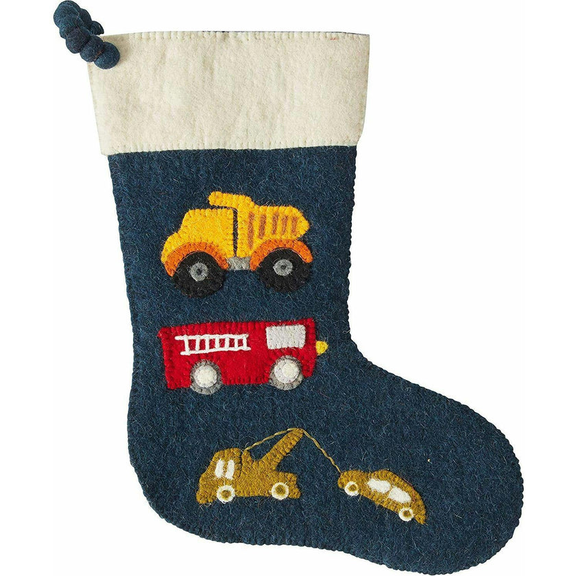 Trucks Navy Christmas Stocking Hand Felted Wool