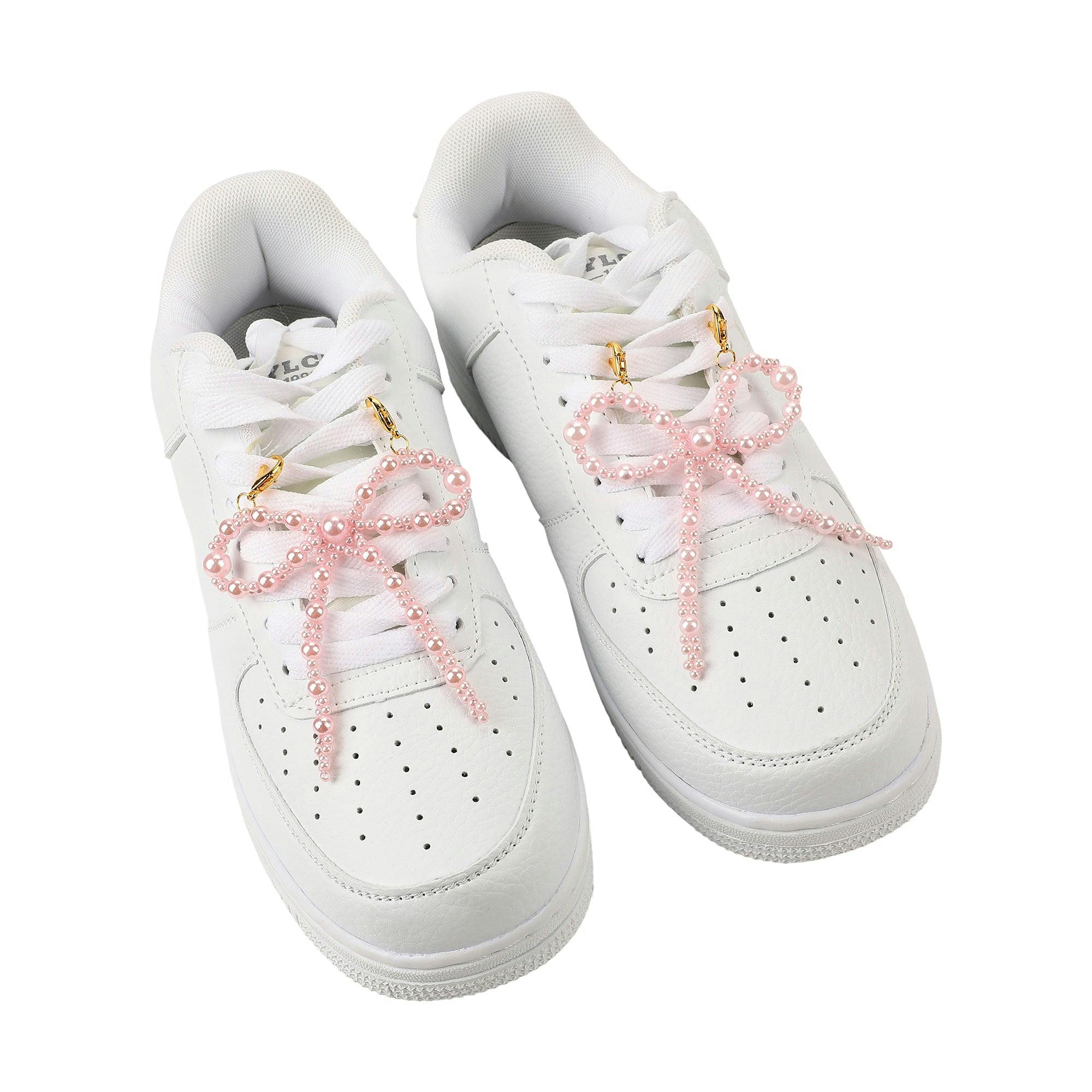 Packed Party Pink Pearl Bow Shoe Charms - Multi-Sized Faux Pearl Bow Charms with Lobster Clips for Sneakers, 2.75x3.3 Inch
