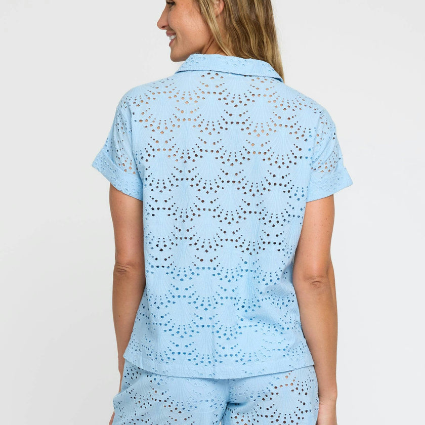 Dakota Eyelet Button Up Shirt in Powder Blue