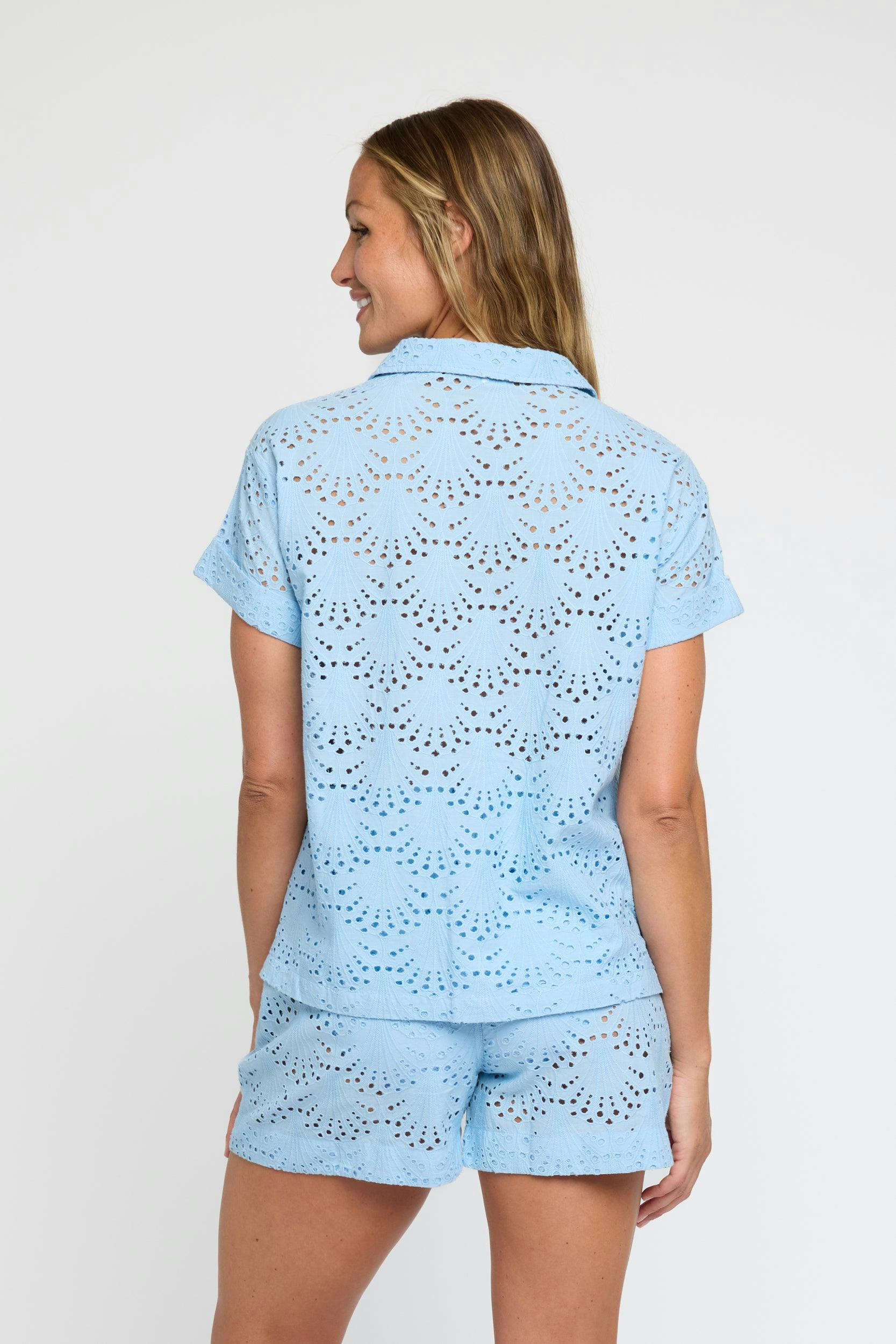 Dakota Eyelet Button Up Shirt in Powder Blue