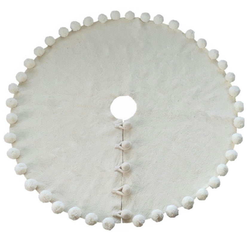 Handmade Felt Cream Pom Poms Christmas Tree Skirt 63" Arcadia Home