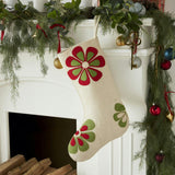 Hand Felted Wool Christmas Stocking - Flower Power Ivory Red and Green