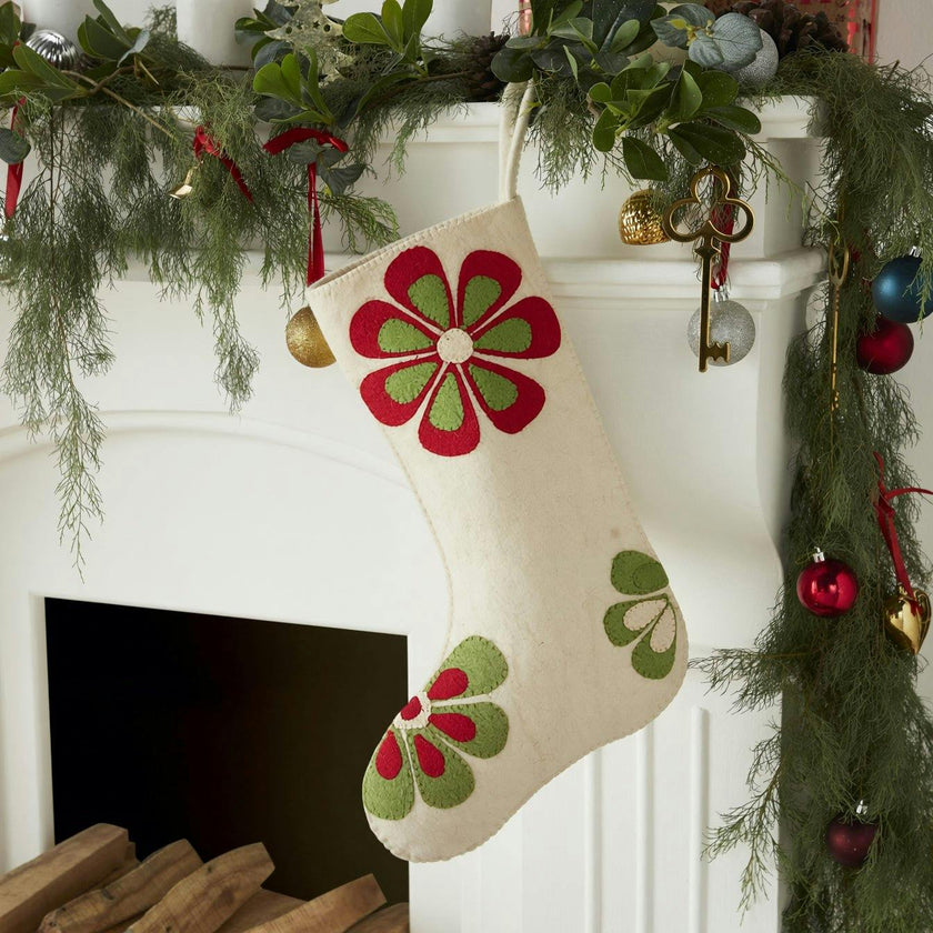 Hand Felted Wool Christmas Stocking - Flower Power Ivory Red and Green