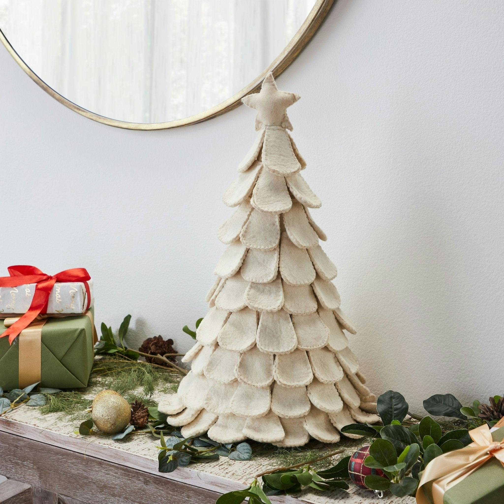 Handmade Cream Tabletop Christmas Tree Hand Felted Wool- Large