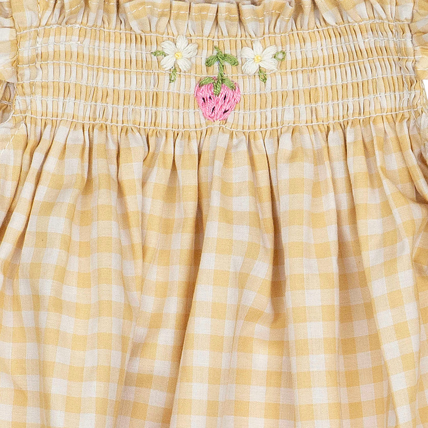 Smock Flutter Dress in Yellow Gingham/Strawberry