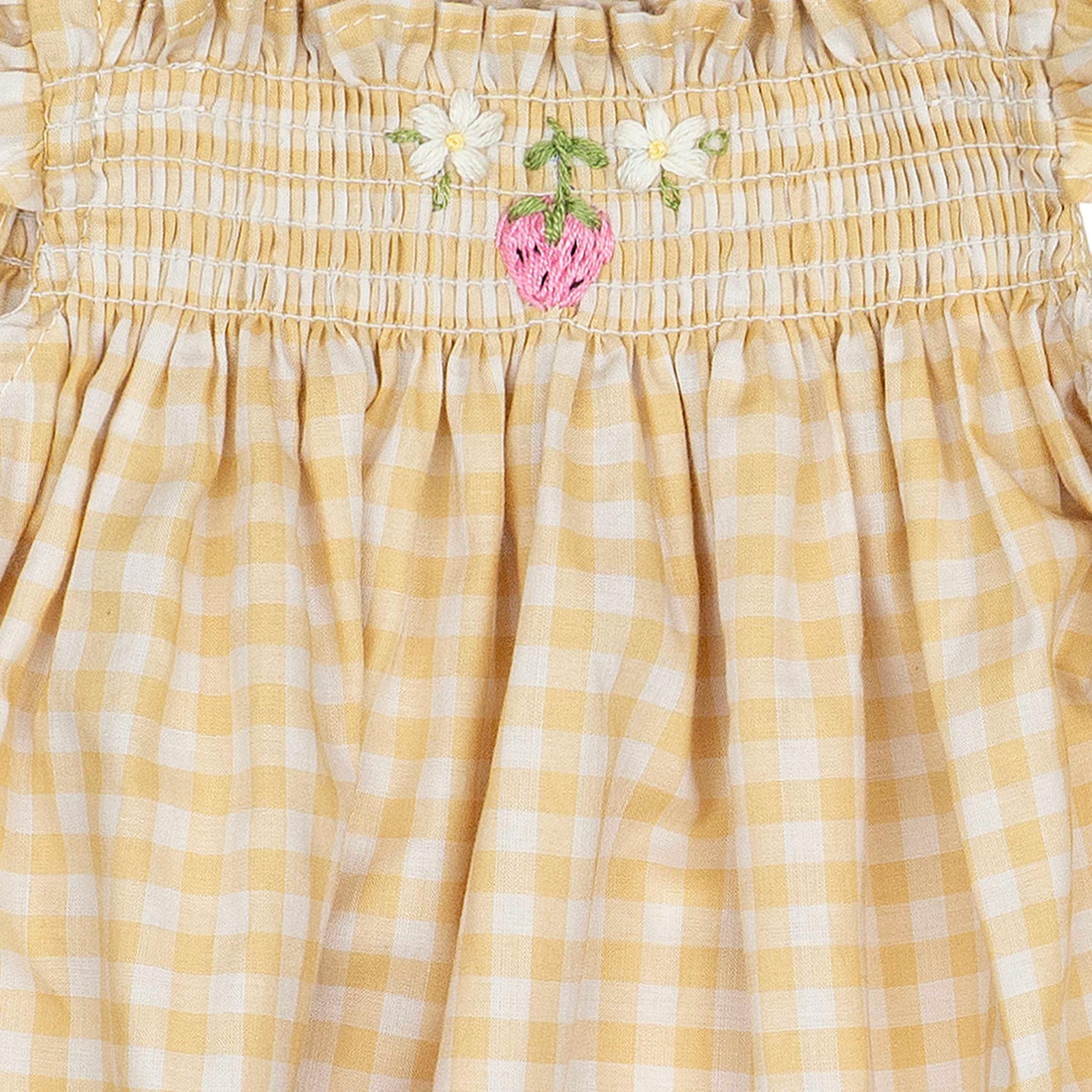 Smock Flutter Dress in Yellow Gingham/Strawberry