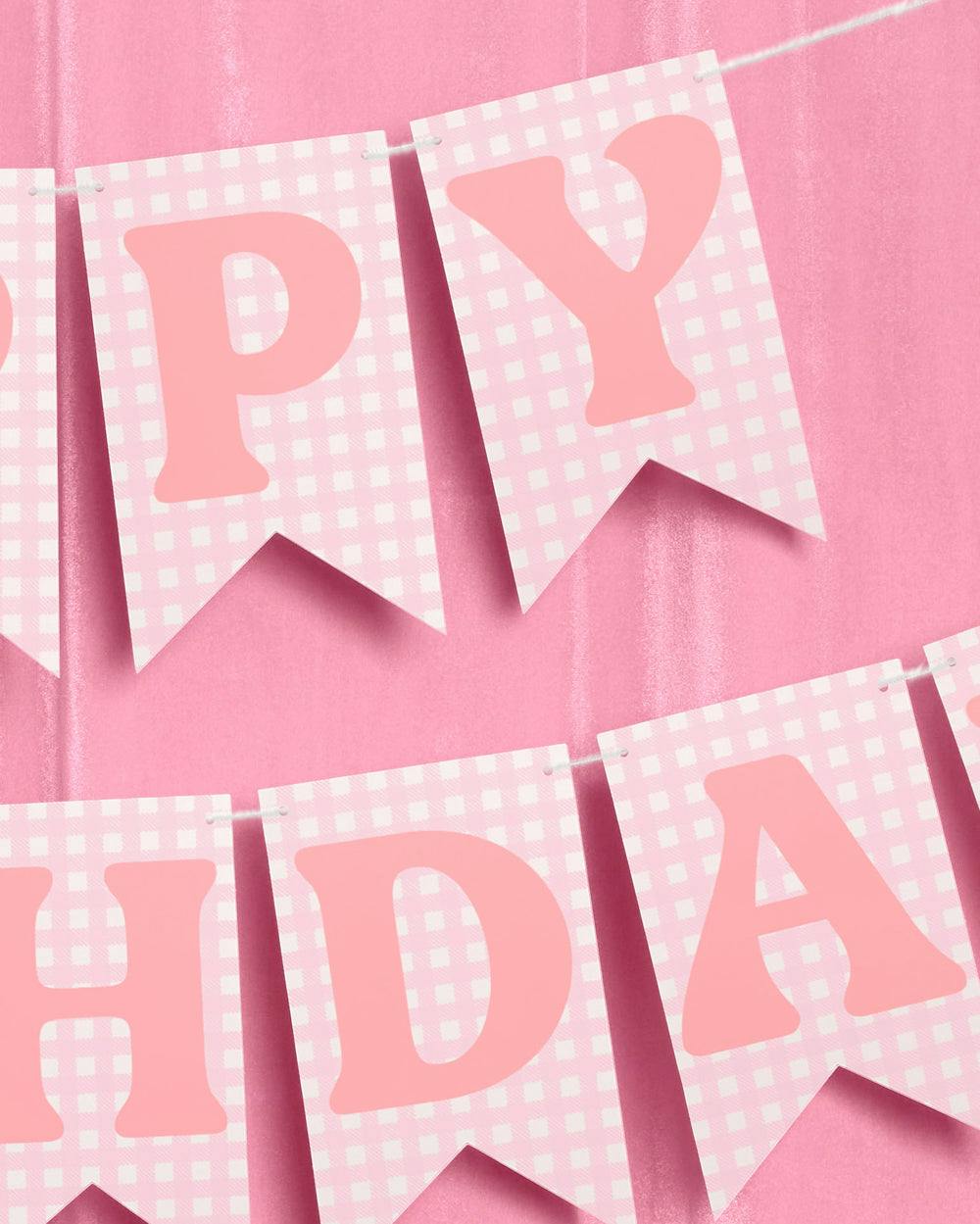 Gingham Birthday Banner - pre-strung banner